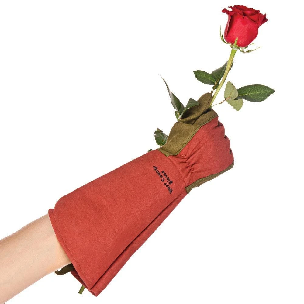 Rose Gloves, Thorn-Proof Suede, Ruby Red With Olive Palms, Unisex By West County 1 Rose Gloves, Thorn-Proof Suede, Ruby Red With Olive Palms, Unisex By West County